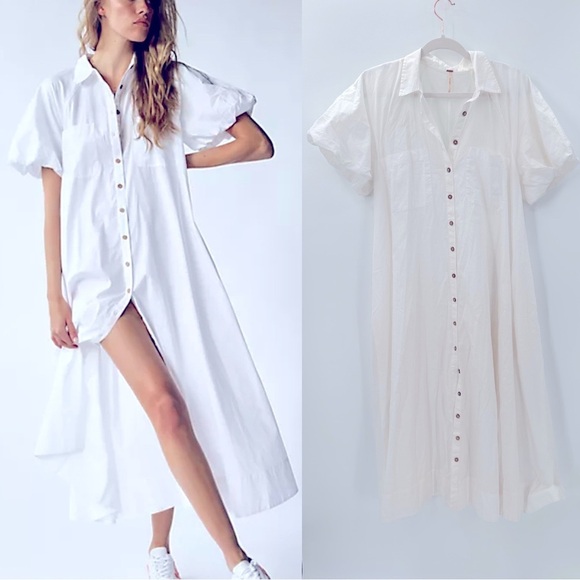 Free People White Summer Special Puff Sleeve Button Down Midi Dress Medium - Picture 1 of 5